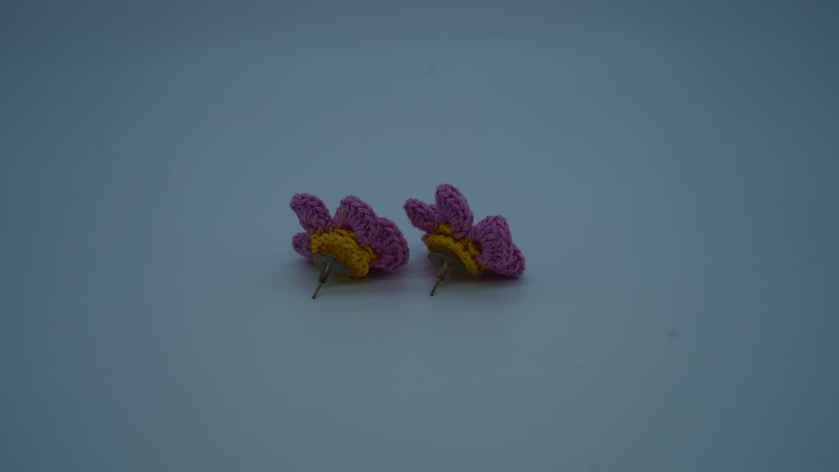 Handmade Pink & Yellow Crochet Flower Stud Earrings