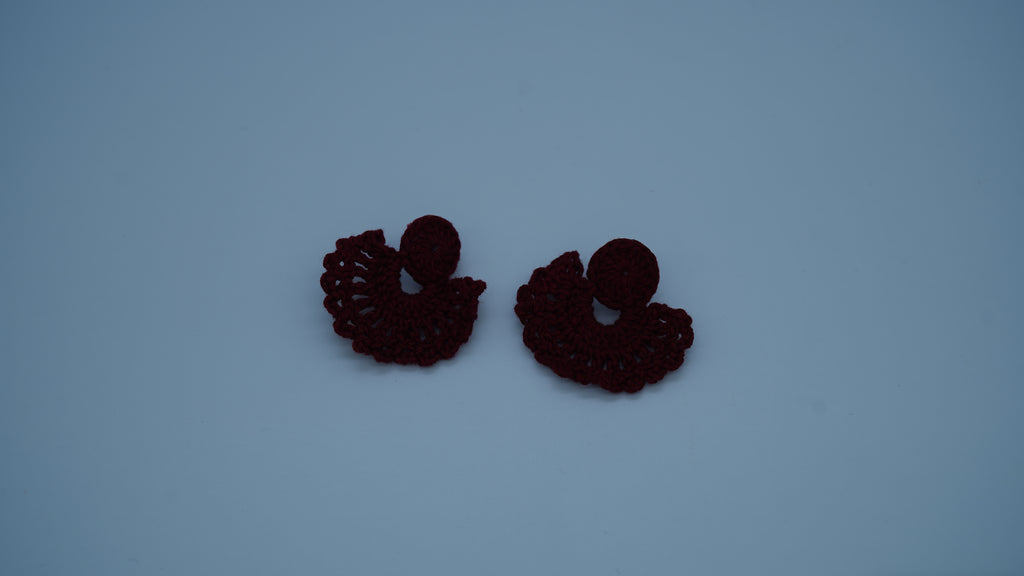 Handmade Maroon Crochet Fan-Shaped Stud Earrings