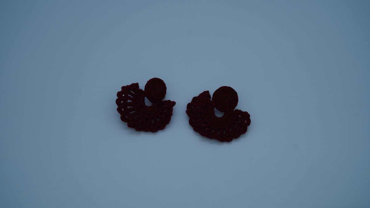 Handmade Maroon Crochet Fan-Shaped Stud Earrings