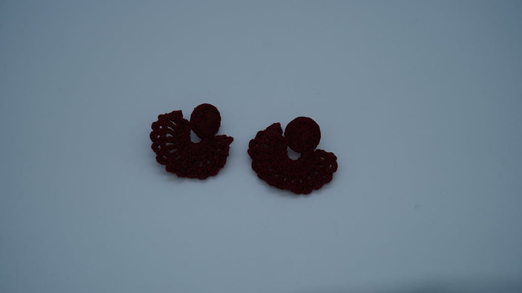 Handmade Maroon Crochet Fan-Shaped Stud Earrings