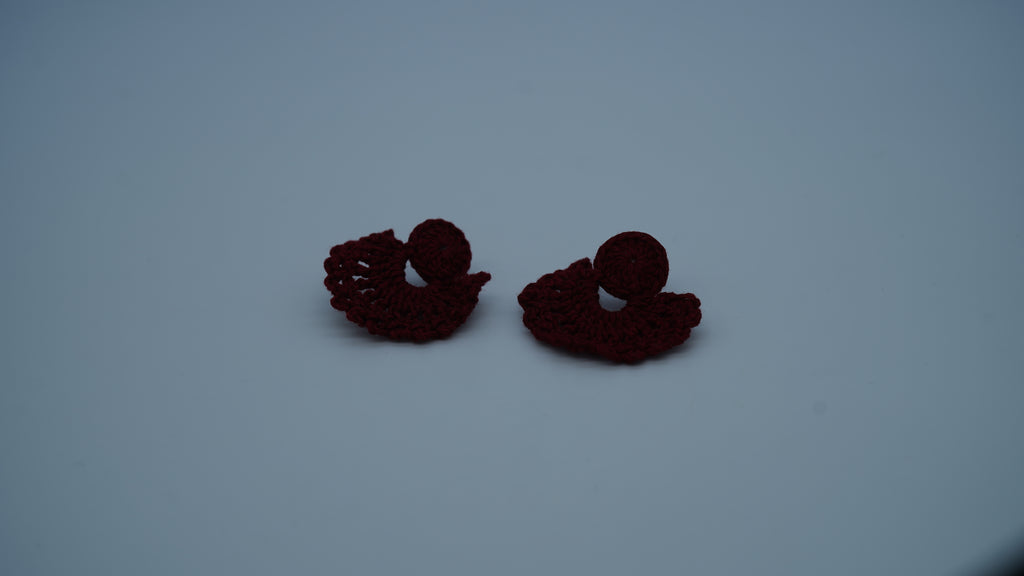 Handmade Maroon Crochet Fan-Shaped Stud Earrings