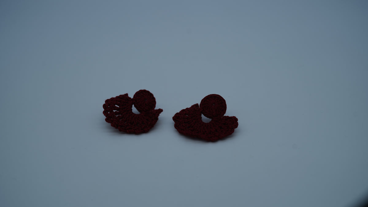 Handmade Maroon Crochet Fan-Shaped Stud Earrings