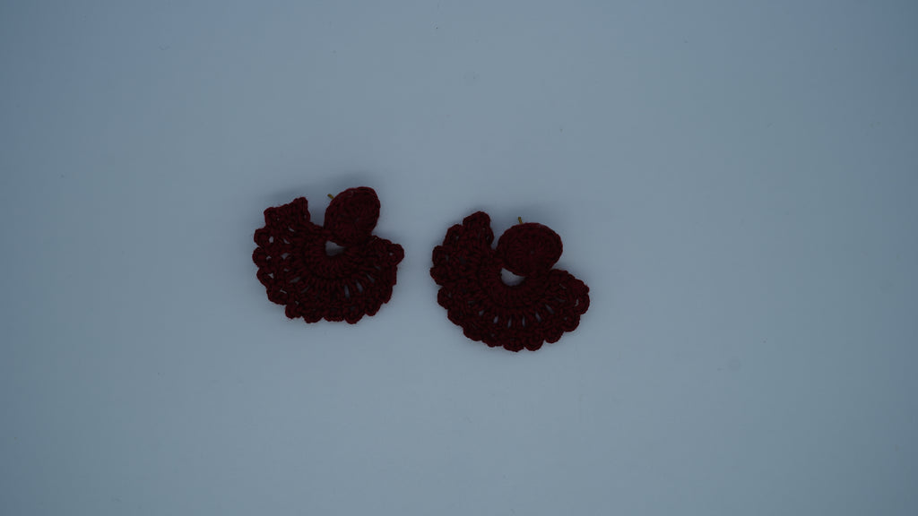Handmade Maroon Crochet Fan-Shaped Stud Earrings