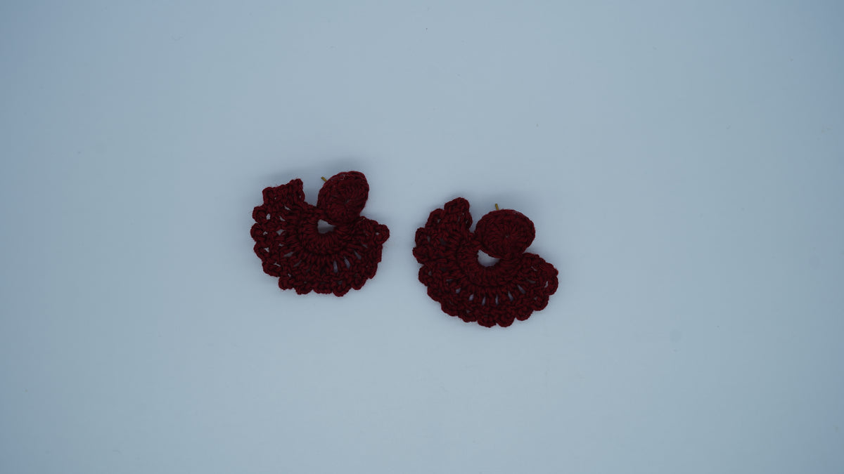 Handmade Maroon Crochet Fan-Shaped Stud Earrings