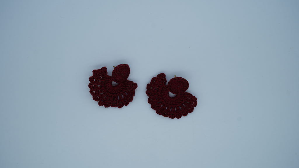Handmade Maroon Crochet Fan-Shaped Stud Earrings