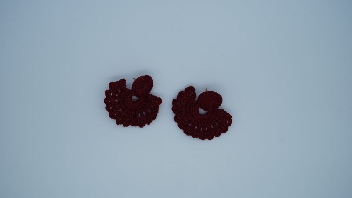 Handmade Maroon Crochet Fan-Shaped Stud Earrings