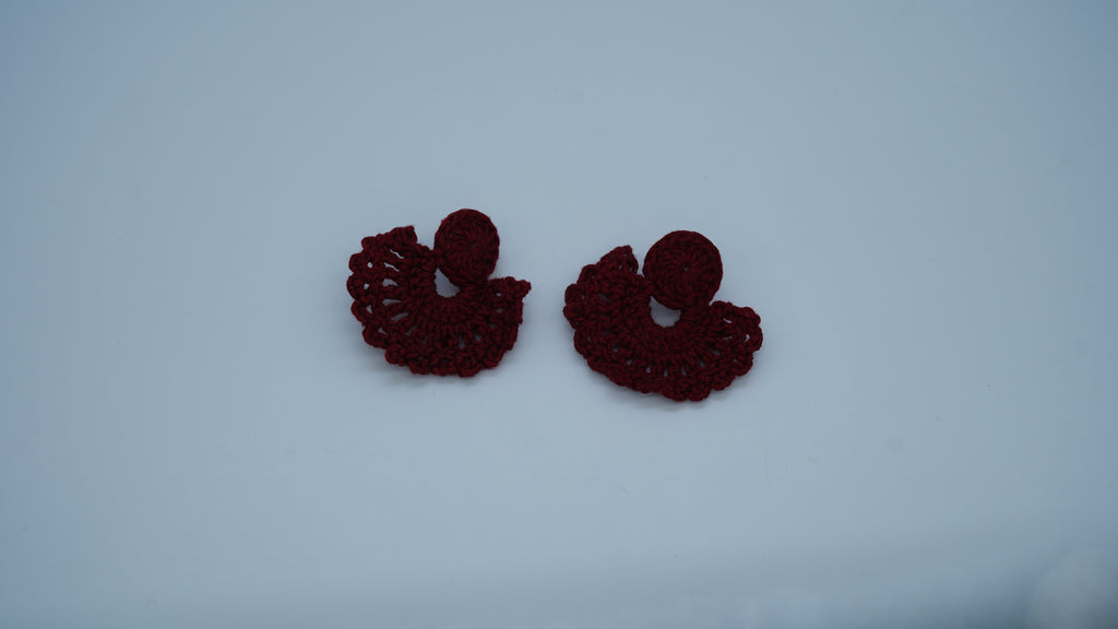 Handmade Maroon Crochet Fan-Shaped Stud Earrings