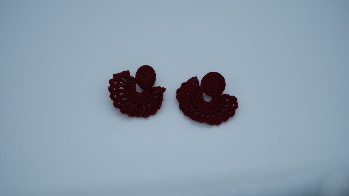 Handmade Maroon Crochet Fan-Shaped Stud Earrings