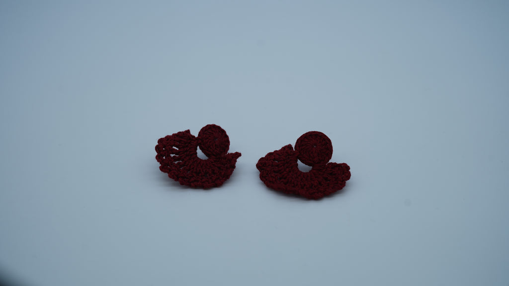 Handmade Maroon Crochet Fan-Shaped Stud Earrings